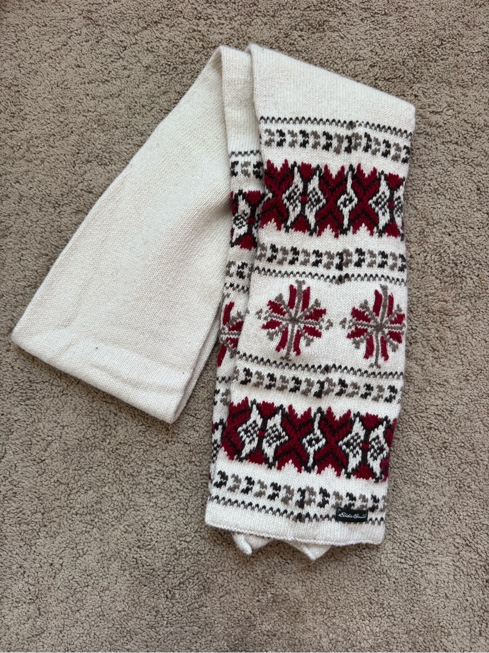 Eddie Bauer Fair Isle Winter Knit Scarf One Size Cream Red Gray Wool Blend